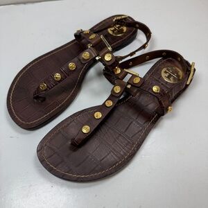 TORY BURCH MARGE Logo Studded BROWN CROC LEATHER Thong Sandals Flats Size 7 M